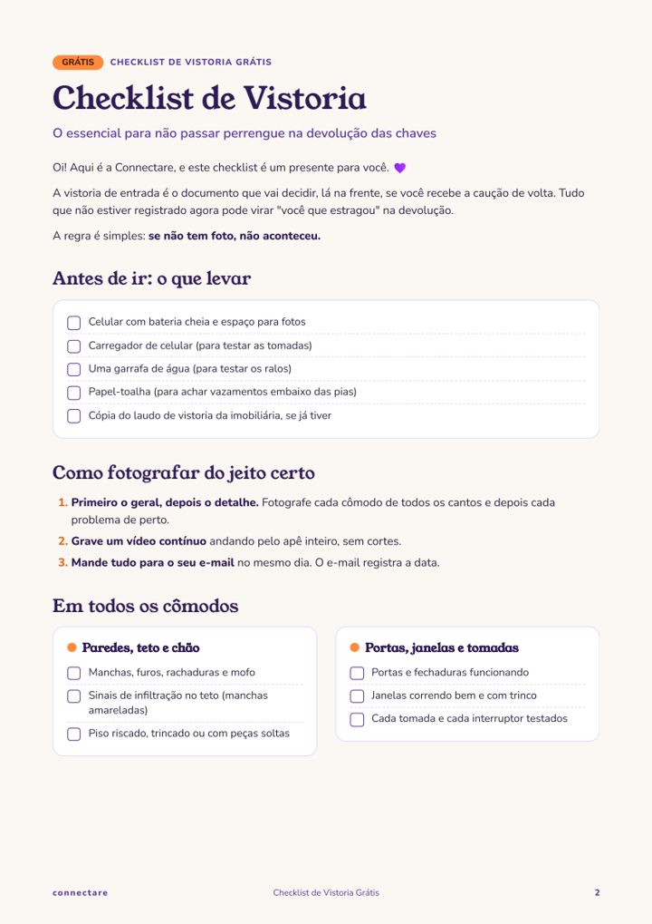 Página do checklist de vistoria grátis da Connectare