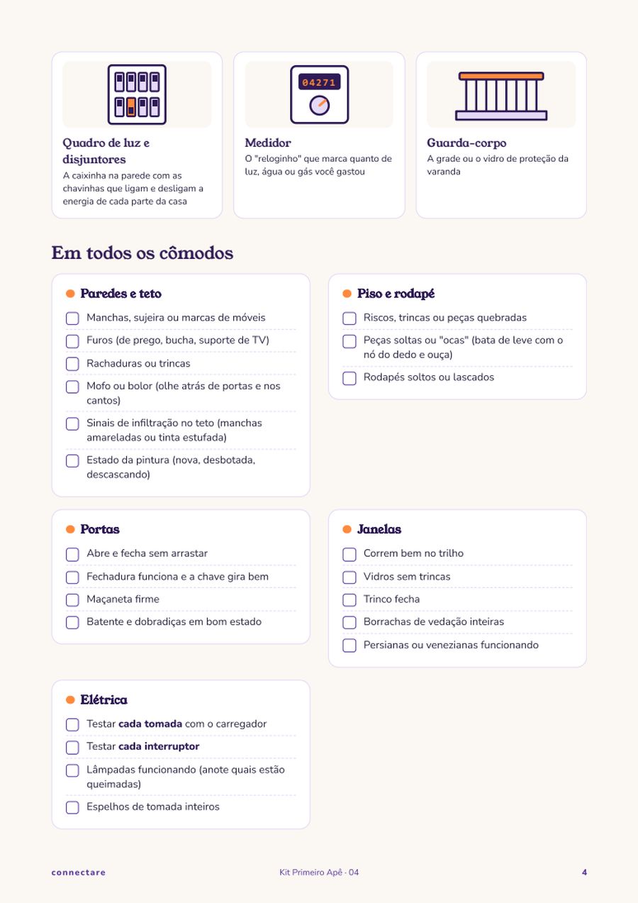 Página do checklist de vistoria do Kit Primeiro Apê, com o registro cômodo por cômodo