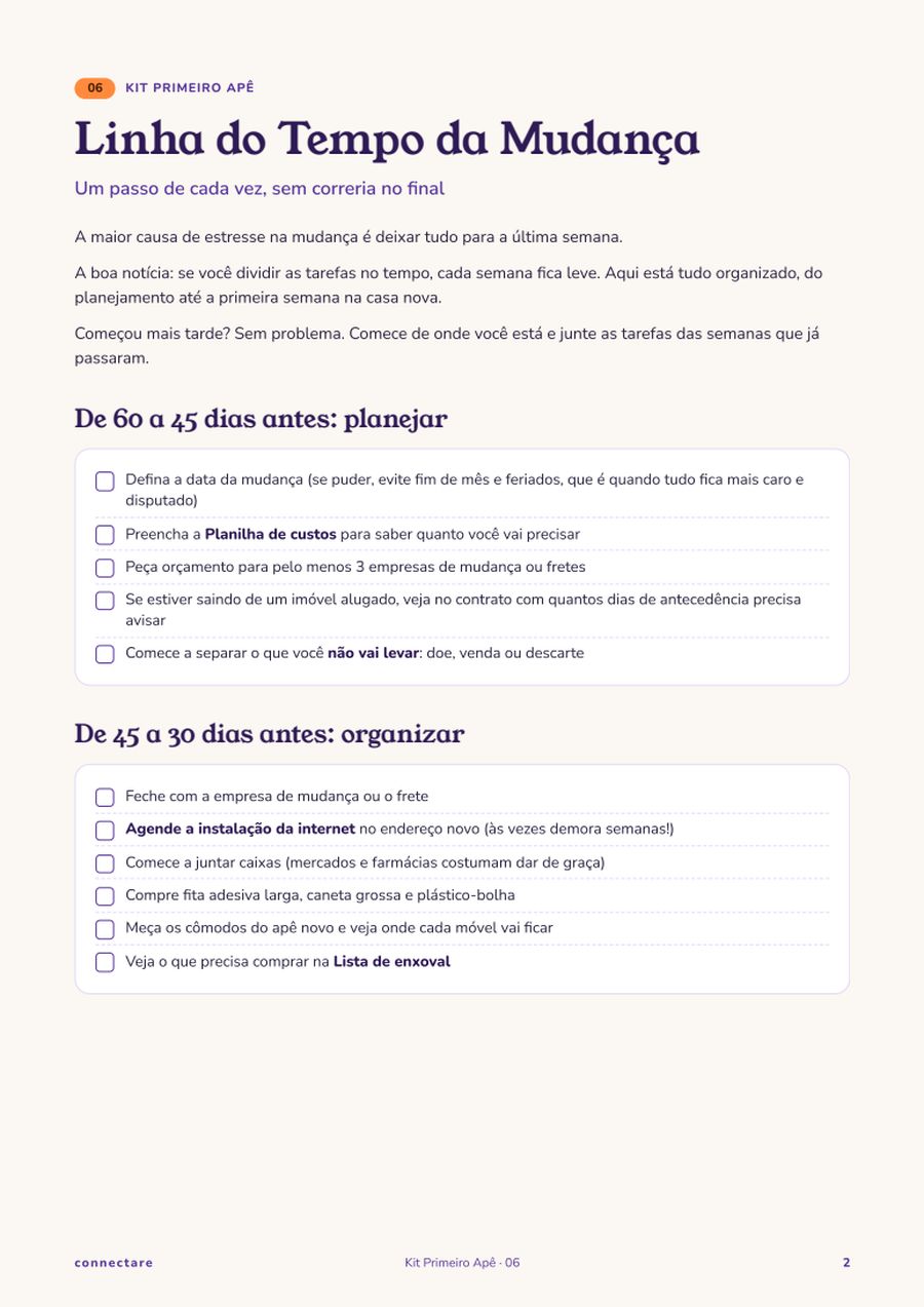 Página da linha do tempo da mudança do Kit Primeiro Apê