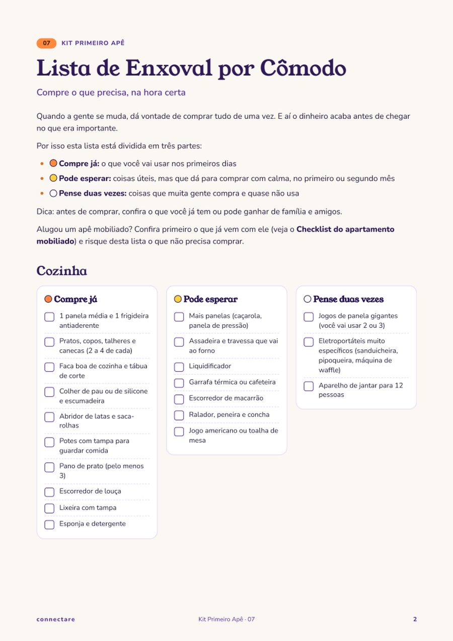 Página da lista de enxoval do Kit Primeiro Apê, dividida em compre já, pode esperar e pense duas vezes