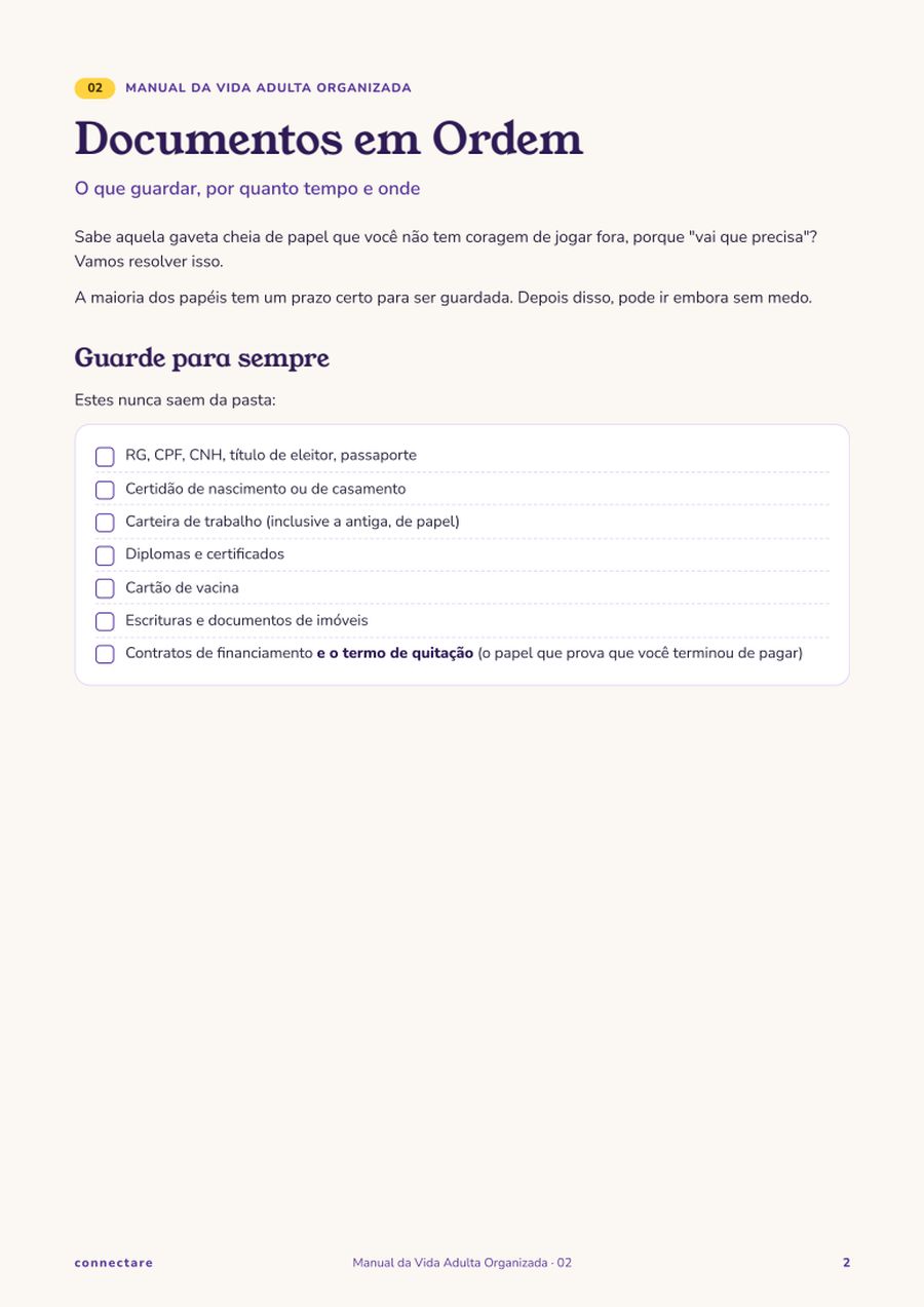 Página do guia Documentos em Ordem, do Manual da Vida Adulta Organizada