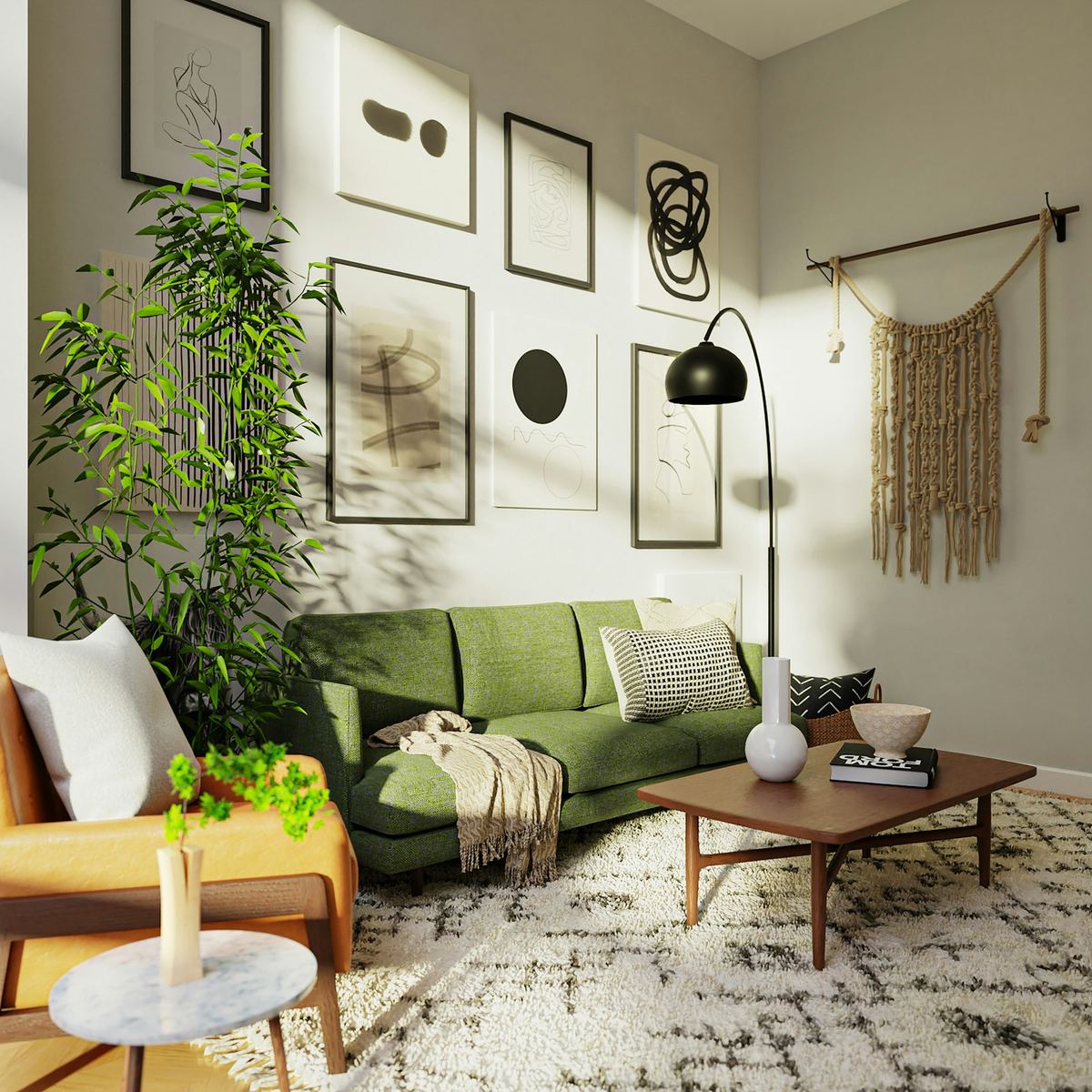 Sala aconchegante de apartamento com quadros na parede, luminária de chão e plantas